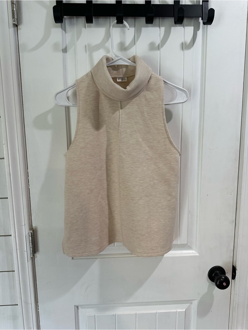OGL Sleeveless fuzzluxe woven Mock Neck Tank in Beige
